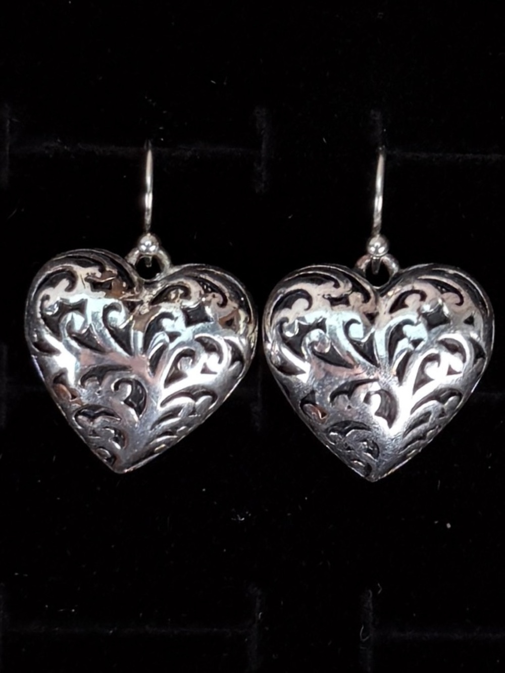 Vintage aged silvertone Heart Filigree Drop Pierced Earrings